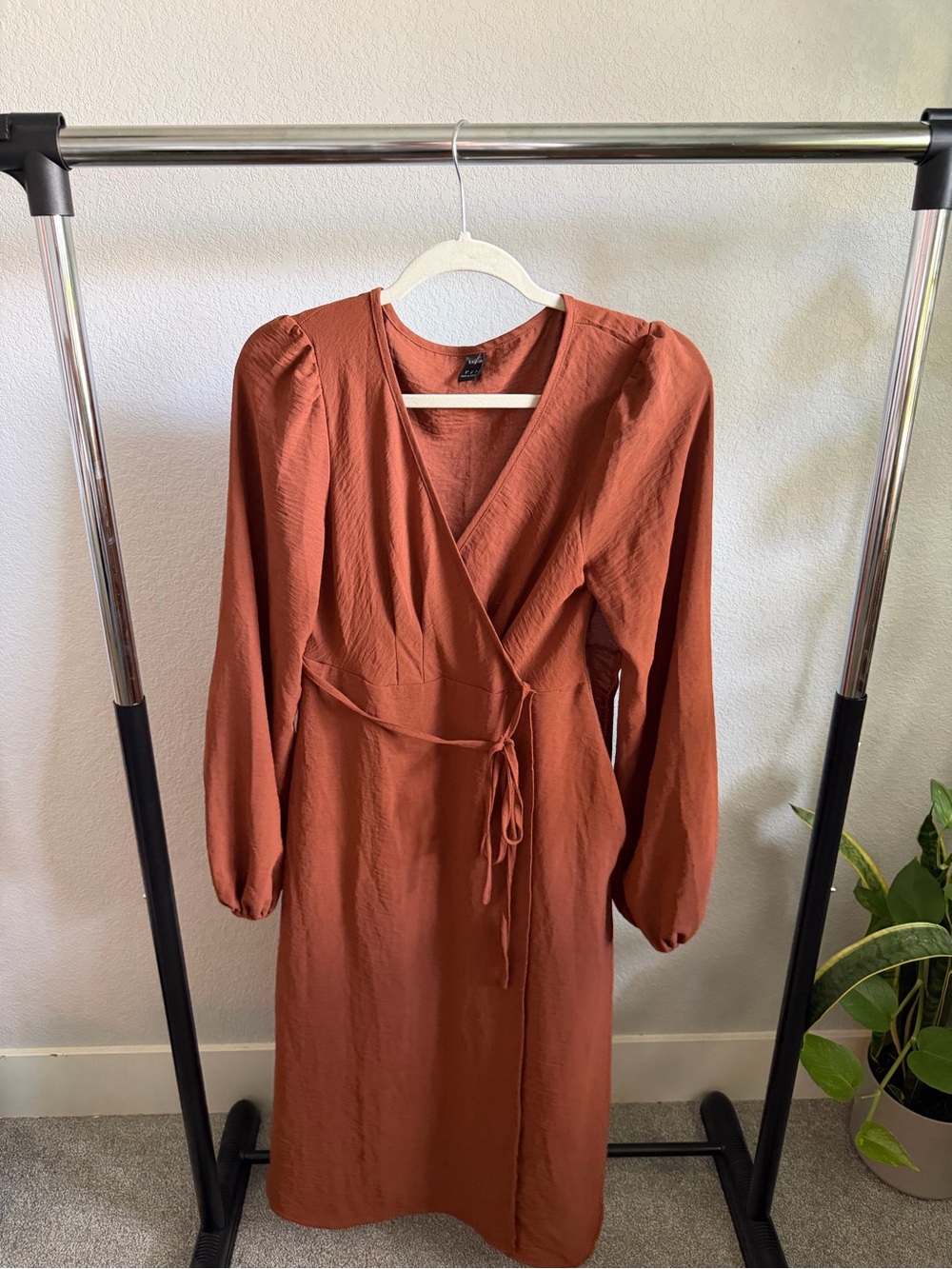 Rust Brown Wrap Midi Dress - Long Sleeve